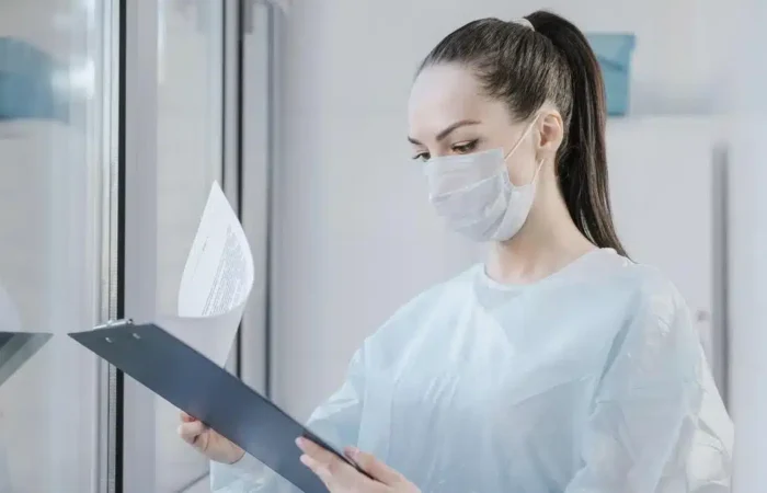 Healthcare professional reviewing medical records on a clipboard — Portugal Student Visa Health Insurance